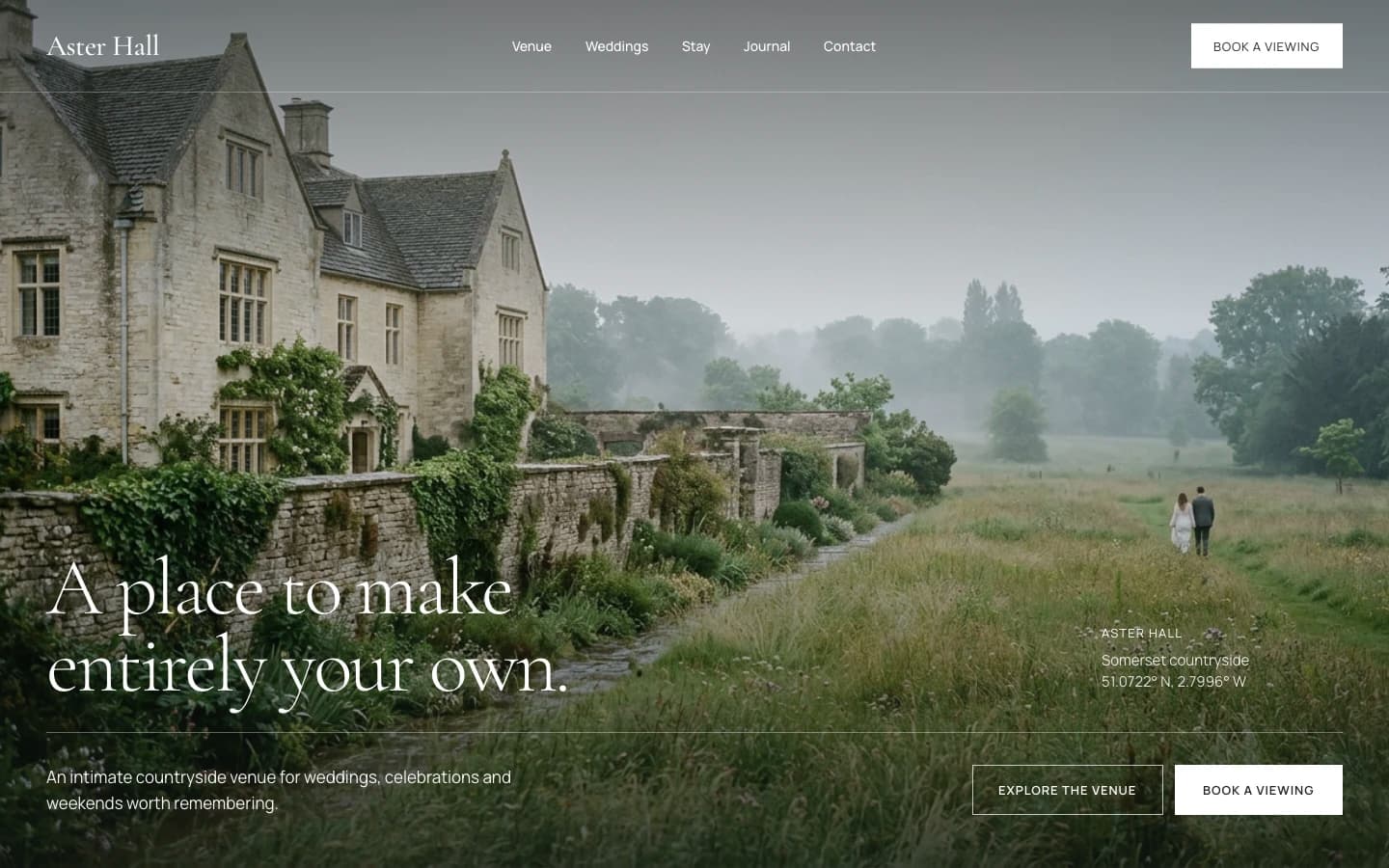 Aster Hall homepage featuring a country house and meadow, navigation and an invitation to book a viewing