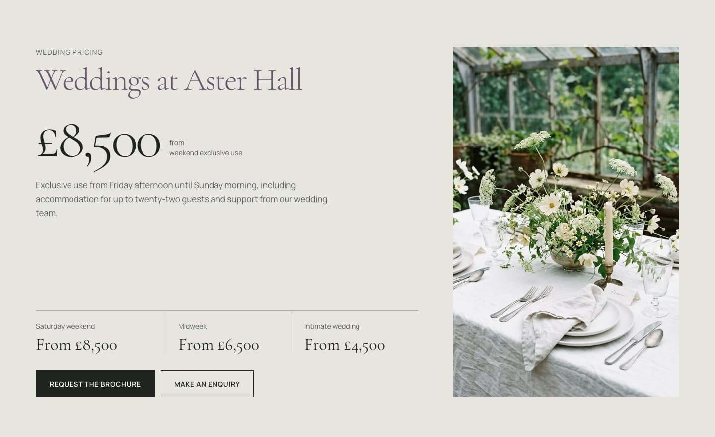 Aster Hall wedding pricing layout with example packages, a floral table setting and brochure and enquiry buttons