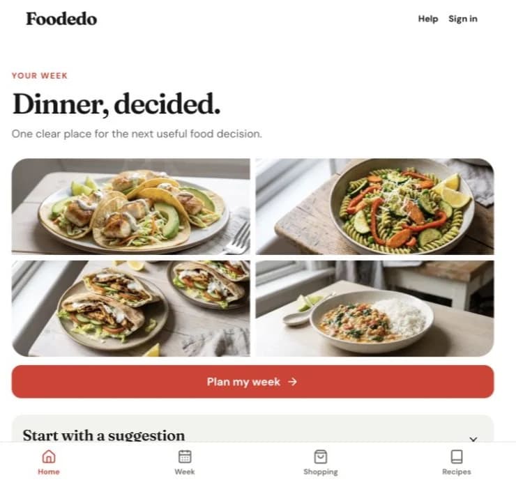 Foodedo dashboard with meal suggestions and the Plan my week action