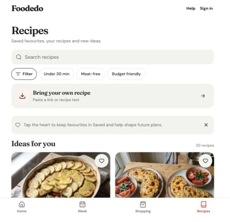 Foodedo recipe library with search, filters and the option to bring your own recipe