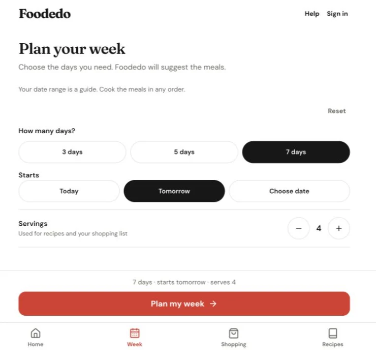 Foodedo planning setup with choices for days, start date and servings