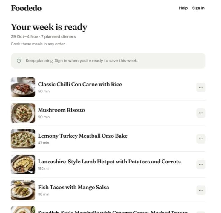 A generated Foodedo week with suggested dinners and cooking times