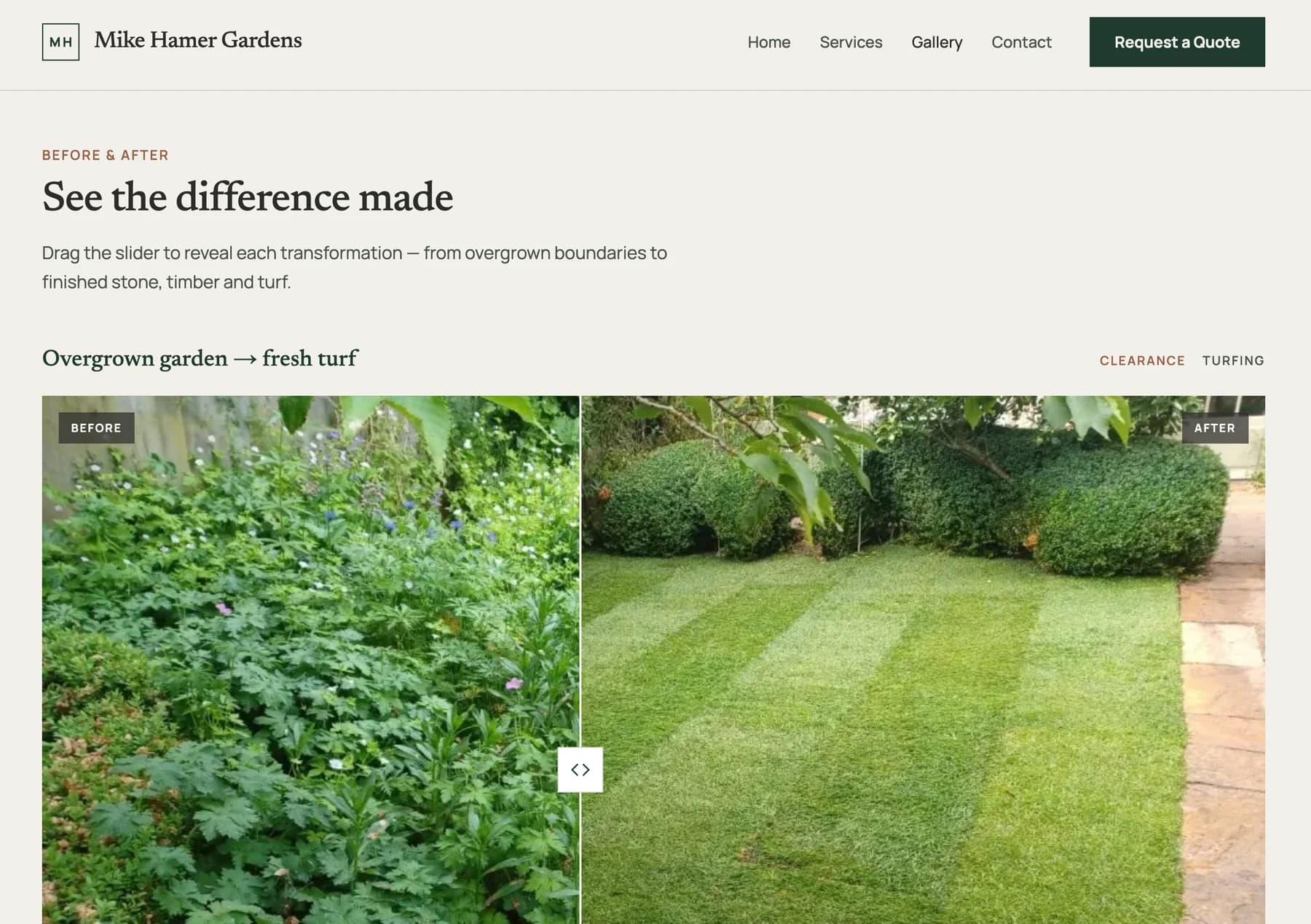 Mike Hamer Gardens gallery showing a before-and-after comparison of an overgrown garden and a finished lawn