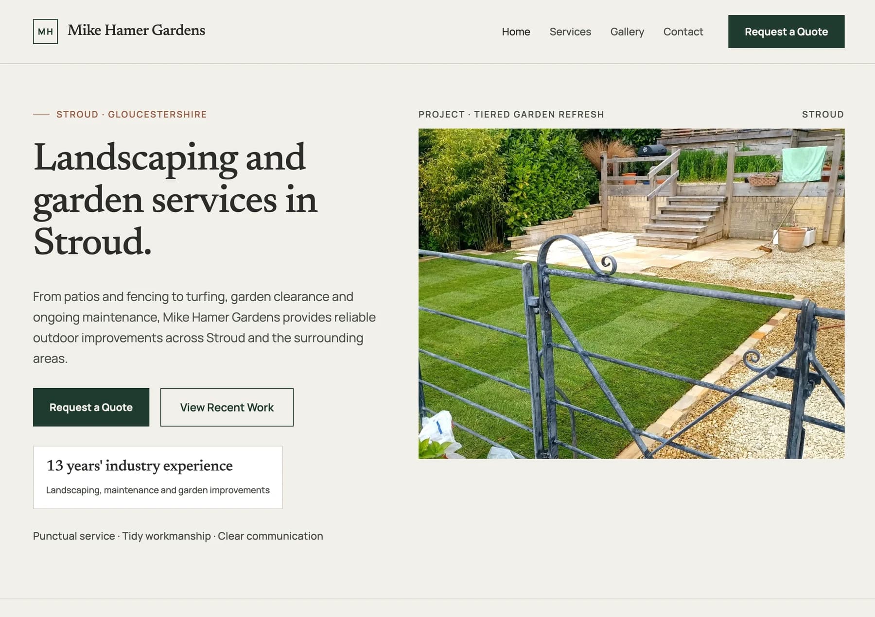 Mike Hamer Gardens homepage showing landscaping services in Stroud and completed garden work